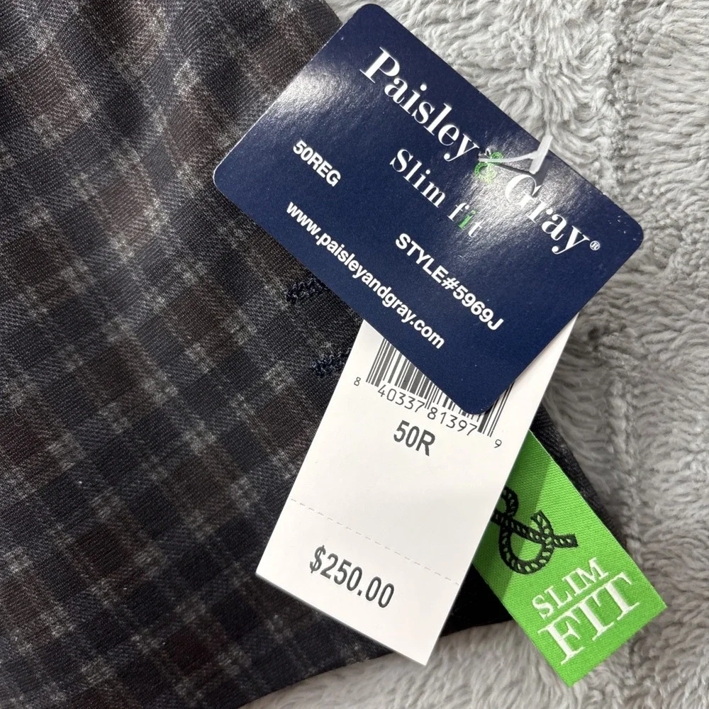 Paisley & Gray Mens Slim fit Sport Coat Blazer 50R Wine‎ Navy Check 5969J